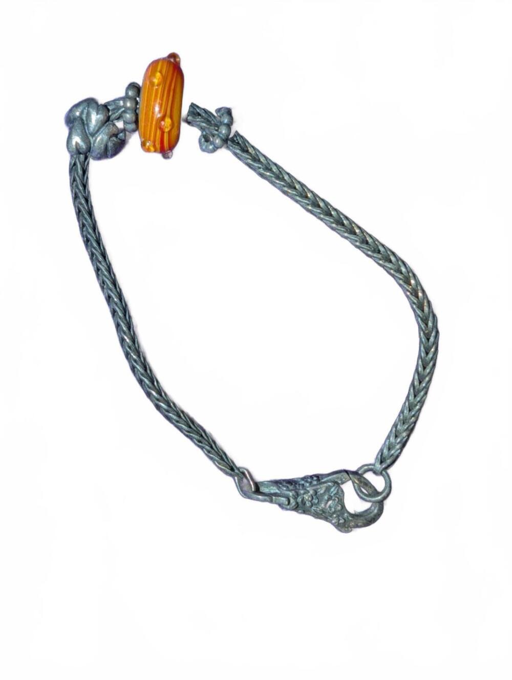 Vintage Silver-Tone Braided Bracelet with Orange Bead Accent